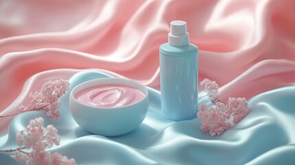 Light blue cosmetic bottle and bowl with pink cream on a silk backdrop.