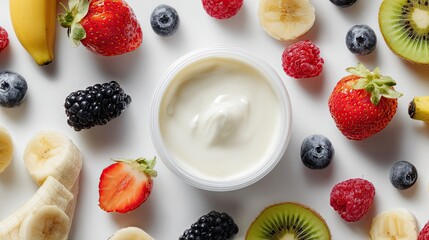 Creamy yogurt surrounded by fresh berries and banana slices.