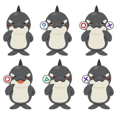 ○×△の札を持ったシャチのキャラクターイラストセット
