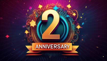 2nd Anniversary Celebration Banner with Golden Text and Festive Background

