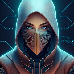 Futuristic Female Hacker in Tech Mask and Hooded Suit