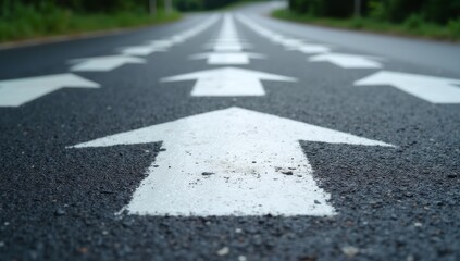 Obraz premium Asphalt Road Symbolism, Long, asphalted road with upward arrows. Symbolizes growth, development, success.Ideal for themes of progress, ambition, and continuous improvement.