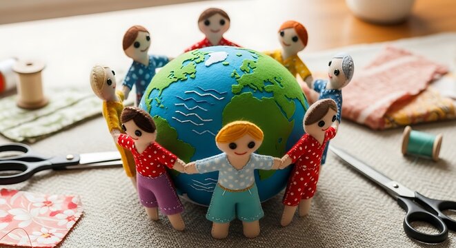 A group of diverse, handmade fabric dolls stand in a circle, holding hands around a plush globe, symbolizing global unity, friendship, and community