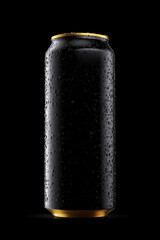 Classic black drink can 450ml with water droplets isolated on black. 3D rendering.