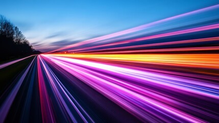 Dynamic neon light trails with vibrant pink purple and yellow streaks creating a sense of speed and motion against a dark background, captured with long exposure from a low angle