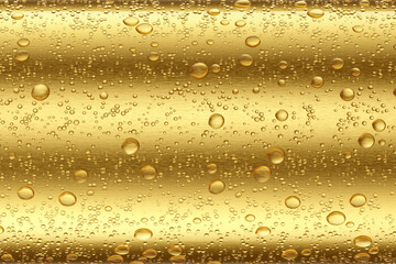 Water drops on golden brushed metal texture or background. Wet beverage can close-up. 3D rendering.