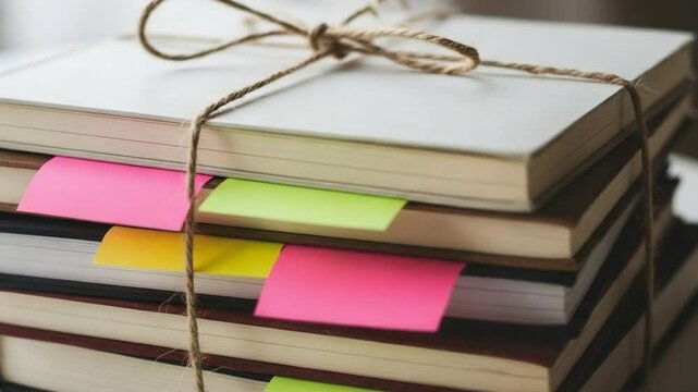 
Stack of Tied Writing Journals with Peeking Post-It Notes

