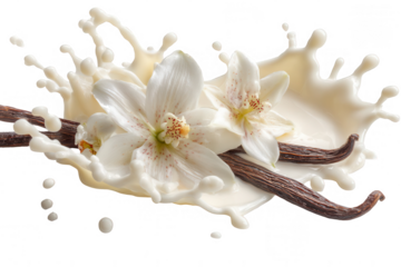 Vanilla flowers and pods in milk splash