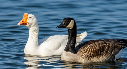 Obraz premium Tranquil Lake Scene: White Chinese Goose and Canada Goose Swimming Together,Graceful Waterfowl: Serene Reflections of Geese on a Calm Blue Lake