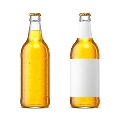 500ml clear glass bottles with beer isolated. Golden crown cork and blank label. 3D rendering illustration. Transparent PNG image.
