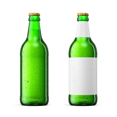 500ml green glass beer bottles isolated. Golden crown cork and blank label. 3D rendering illustration. Transparent PNG image.