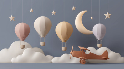 Whimsical Hot Air Balloons and Airplane Scene