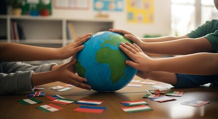 Childrens hands unite around a globe, surrounded by international flags, symbolizing global education and teamwork in a classroom setting