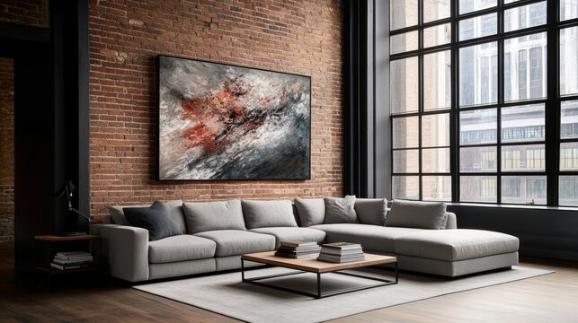 Modern industrial living room with gray sectional sofa, abstract wall art, large windows letting in natural light, cozy yet contemporary ambiance