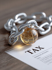 Import Tariffs Trade concept. Tax document secured by a chain and globe symbolizing global finance.