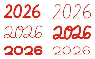 手書きの数字ロゴの赤いおしゃれな2026年の年賀状素材セット
