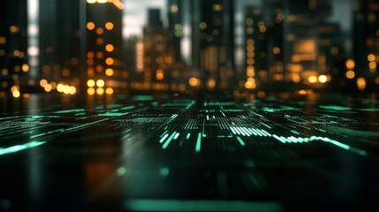 Futuristic digital dashboard with glowing stock market graphs and blurred city skyline background reflecting advanced finance technology and data analytics