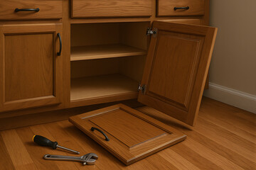 Open kitchen cabinet door falling off hinges with tools scattered on floor indicating structural failure and urgent carpentry repair needed
