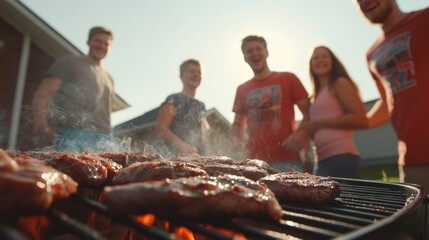 Lively outdoor barbecue party with friends and family enjoying grilled meats on a sunny summer afternoon