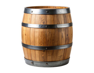 Obraz premium Rustic Wooden Barrel with Metal Hoops – Front View on White Background, AI Generated