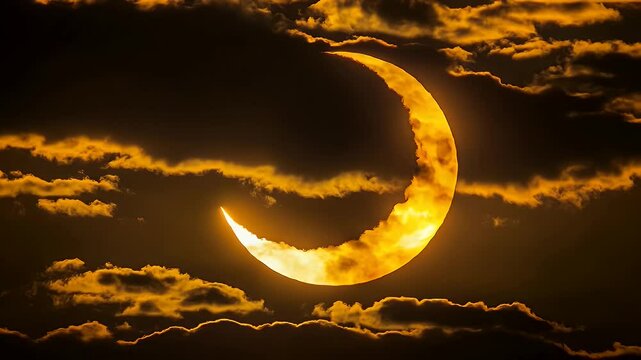 Partial solar eclipse, golden sun peeking through dark clouds
