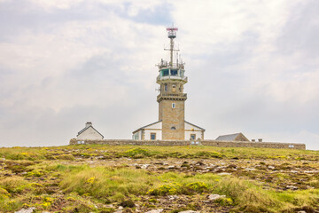 Radar station with a tower at Pointe du raz in Crozon peninsula in France