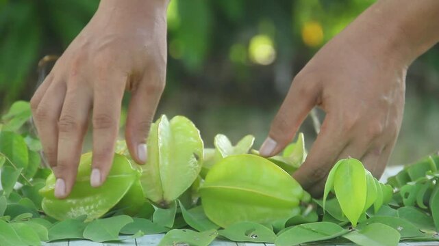A man slicing fresh Averrhoa carambola or star fruit arranged on an outdoor table