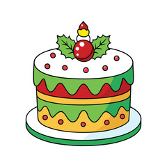 Festive layered cake with holly and candle decoration vector