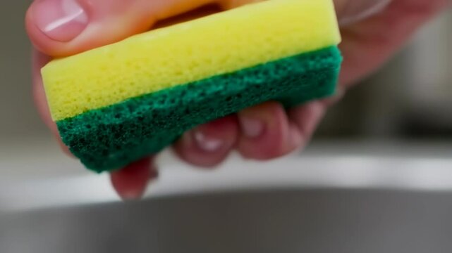 Closeup of a hand washing a yellow and green kitchen sponge with soap and water