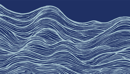 Hand drawn brush line abstract monochromatic blue of flowing wave and water pattern, Japanese and ethnic wood carving, block print imperfect texture background, calm and simple graphic
