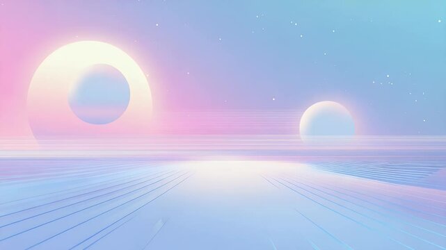 Pastel, ethereal landscape with geometric shapes and celestial bodies