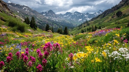 Mountain meadow bursting with wildflowers under a cloudy sky