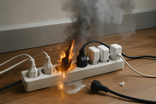 Power strip igniting in flame and emitting smoke on hardwood floor with nearby unplugged cord highlighting severe electrical overload danger and risk of fire in home environment