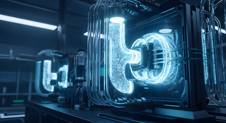 Futuristic computer cooling system with clear pipes and bright liquid offers a high tech look in blue