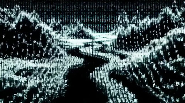 Abstract digital river flowing through data mountains data visualization background design image