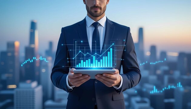 Professional businessman in smart suit holding tablet with futuristic real estate graph and financial data