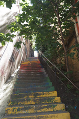 Colorful steps leading to a vibrant pathway in the city