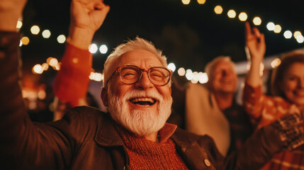 Happy senior man with glasses celebrating at night party with friends