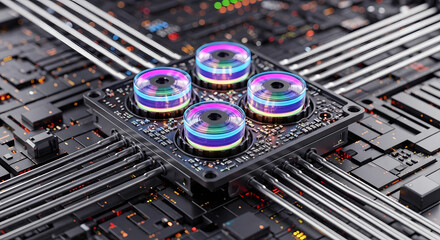 Futuristic quantum processor showcasing advanced technology and the intricate details of modern computing hardware.