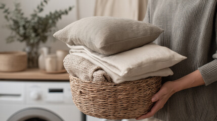 Soft pillow and cozy clothes in woven basket held by person in warm home setting