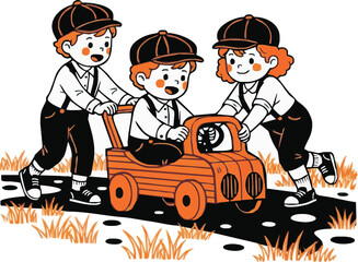 Three children pushing a toy car along a black and white road.