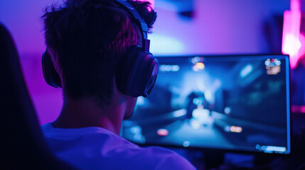Young man playing video game on computer with headphones in colorful room lighting