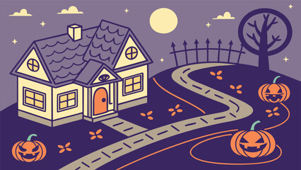 Illustration of a house with pumpkins and a winding path under a starry night sky with a full moon