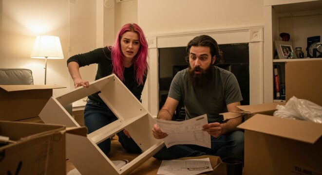 Frustrated couple struggles to assemble furniture in their new apartment with questionable