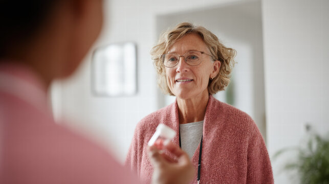 Elderly woman smiling while receiving medication advice from caregiver in cozy home
