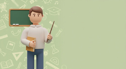 Cartoon Teacher Teaching Education Illustration, Presenting with a Stick on Whiteboard in Class, Back to School Concept