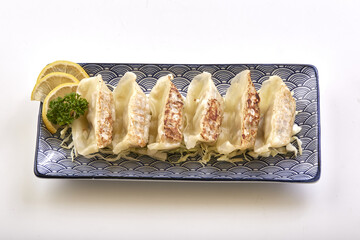 Pan fried dumplings arranged on decorative plate with garnish of lemon slices and parsley, served on bed of shredded cabbage, showcasing delicious and appetizing presentation