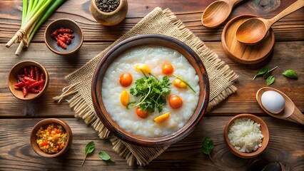 Delicious rice porridge with fresh vegetables and various toppings on wooden table chinese food
