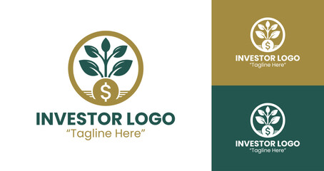 Premium Investor Logo with Dollar Coin and Plant in Gold and Dark Green for Wealth Creation Branding
