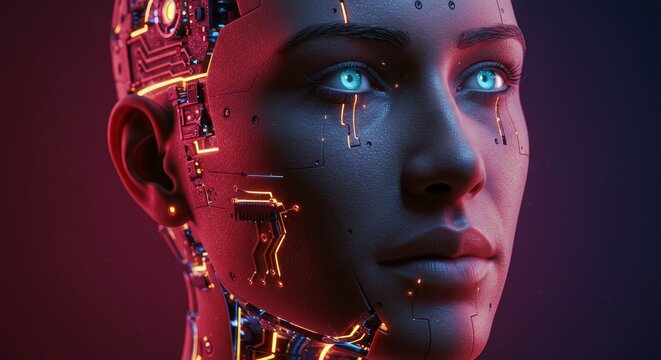 Futuristic humanoid robot with glowing blue eyes displaying complex circuitry design - Powered by Adobe